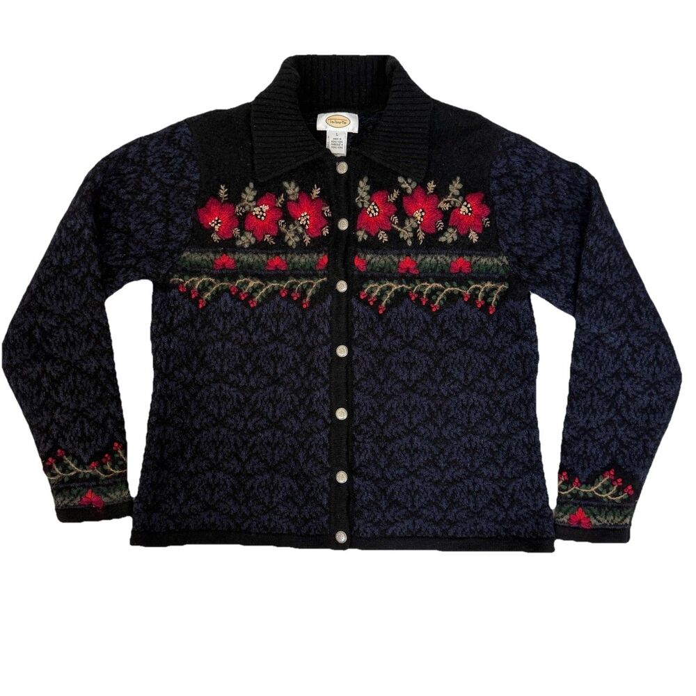 Talbots Lambswool Silk Dark Floral Embroidered Cardigan Sweater Large Hong Kong